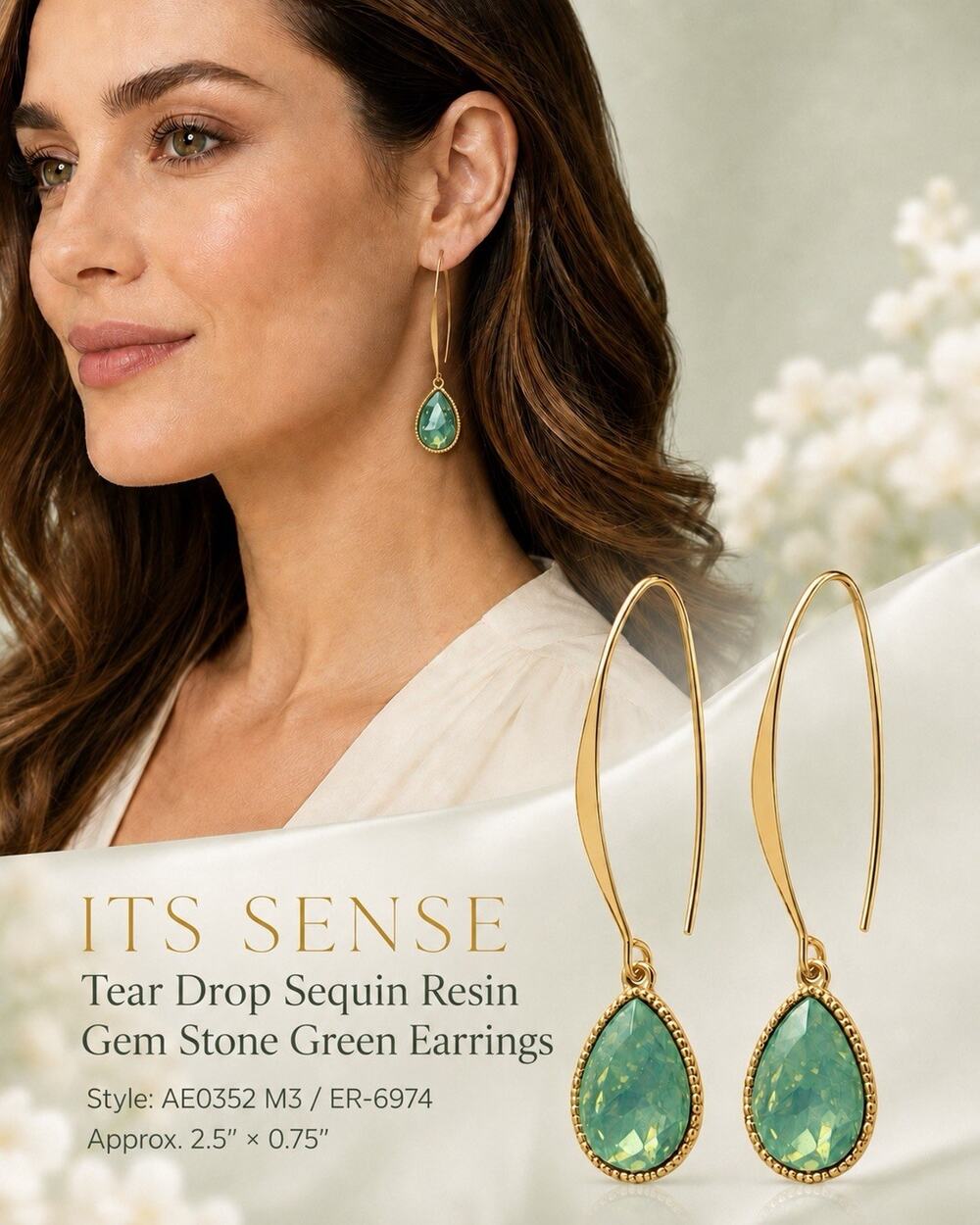 ITS Sense Green Teardrop Resin Sequin Dangle Hook Earrings - 2.5 in
